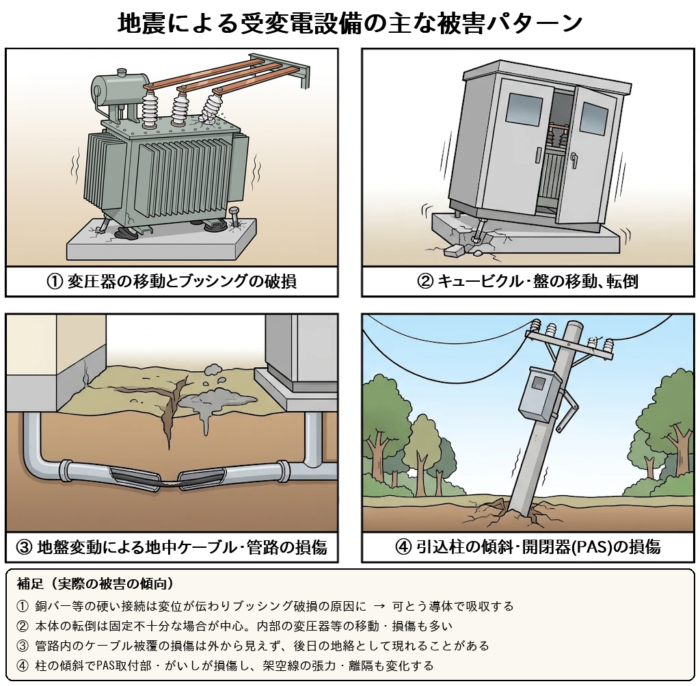 地震による受変電設備の主な被害パターン4例(変圧器の移動とブッシングの破損、キュービクルの移動・転倒、地中ケーブル・管路の損傷、引込柱の傾斜とPASの損傷)