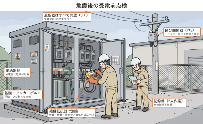 地震後、受電前に2人でキュービクルを点検し、遮断器を開放して絶縁抵抗を測定している図