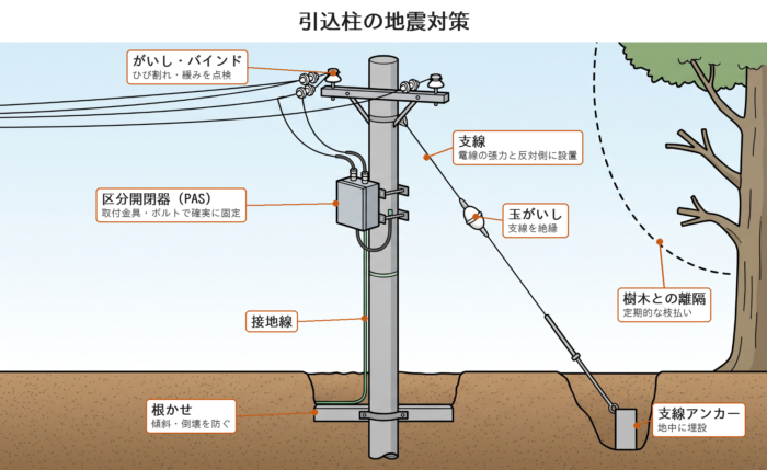 引込柱の地震対策の図(支線・玉がいし・支線アンカー・根かせ・区分開閉器の確実な取付け・樹木との離隔)