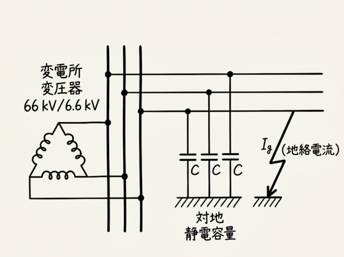 高圧電路の地絡電流が、対地静電容量を通って変電所の変圧器に戻る経路の図