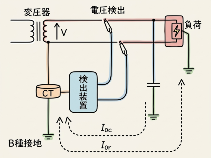 Ior方式の絶縁監視装置の構成図。変圧器のB種接地線のCTで漏れ電流を測り、負荷側の電圧も検出して、対地静電容量を流れる電流I0cと絶縁抵抗を流れる電流I0rを分けて検出する