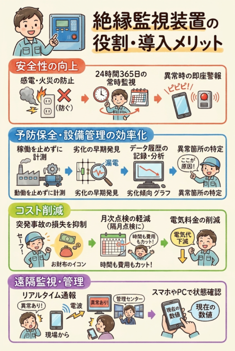 絶縁監視装置の役割・導入メリットの図解。安全性の向上（24時間365日の常時監視で感電・火災を防ぎ、異常時はすぐ警報）、予防保全・設備管理の効率化（稼働を止めずに計測、劣化の早期発見、データ履歴の記録・分析、異常箇所の特定）、コスト削減（突発事故の損失を抑え、月次点検を隔月点検に軽減、電気料金の削減）、遠隔監視・管理（異常をリアルタイムで通報し、スマホやPCで状態を確認）
