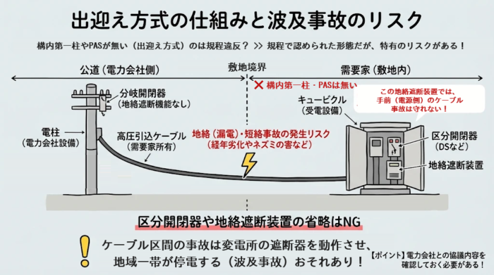 出迎え方式の仕組みと波及事故のリスク(区分開閉器・地絡遮断装置は構内に必要)