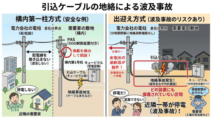構内第一柱方式と出迎え方式の比較(引込ケーブルの地絡で変電所の遮断器が動作し波及事故になる仕組み)