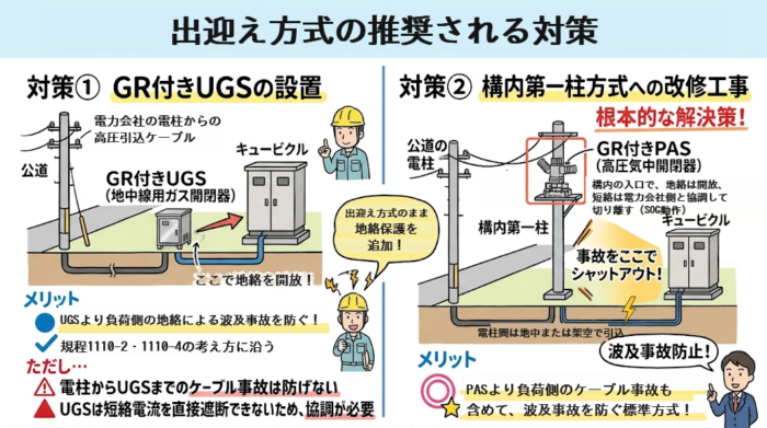 出迎え方式の推奨される対策(対策1:GR付きUGSの設置、対策2:構内第一柱方式への改修)