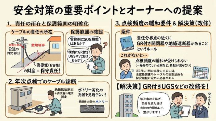 安全対策の重要ポイントとオーナーへの提案(責任の所在と保護範囲、年次点検のケーブル診断、点検頻度の緩和要件)