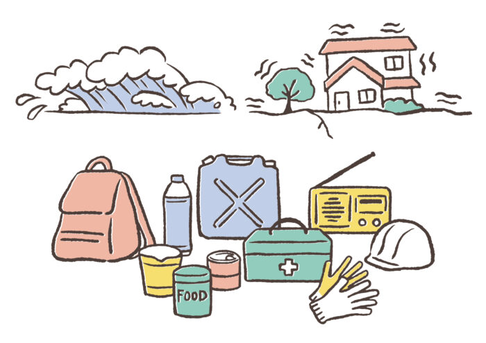 防災グッズと地震・豪雨のイラスト