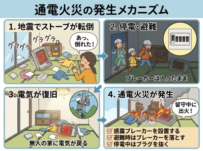 通電火災が発生する流れの4コマ図解（地震でストーブが転倒、停電・避難、電気が復旧、通電火災が発生）