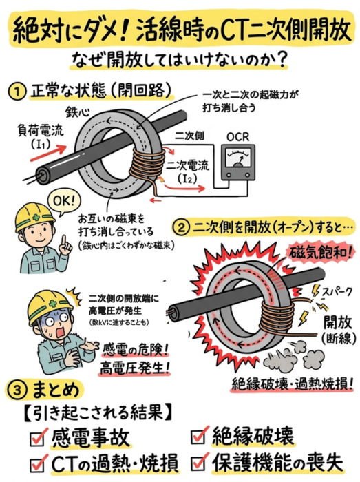 活線時のCT二次側開放の危険性の図解