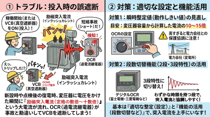 変圧器の励磁突入電流によるOCR瞬時要素の誤動作と対策の図解