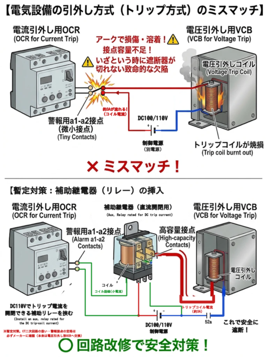 電流引外し形OCRと電圧引外し形VCBのミスマッチの図解