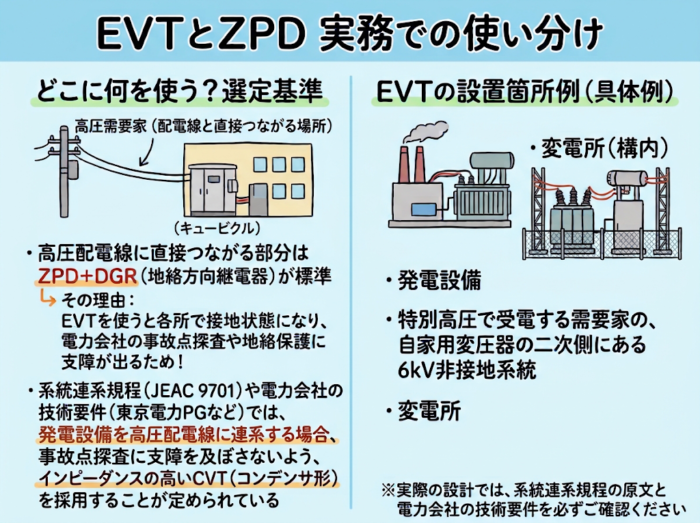 EVTとZPDの実務での使い分けの図解。高圧配電線に直接つながる部分はZPDとDGRが標準で、EVTは発電設備、特別高圧需要家の自家用変圧器二次側の6kV非接地系統、変電所に設置する
