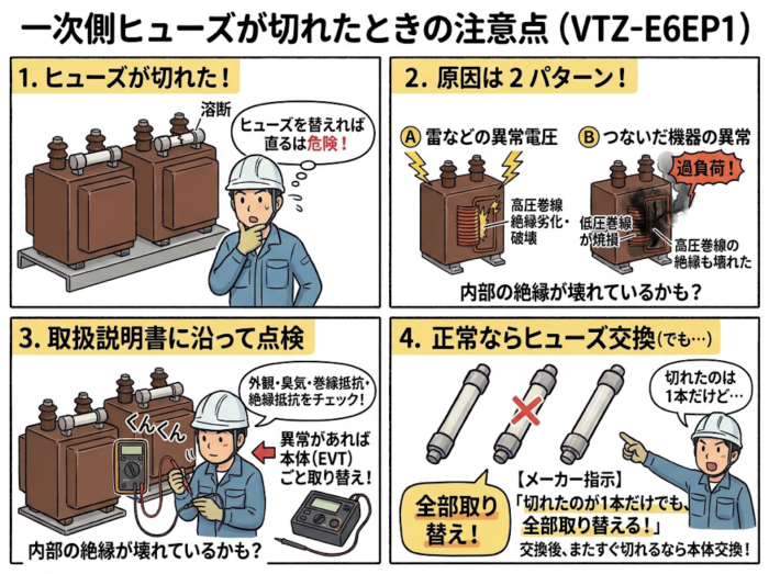 VTZ-E6EP1の一次側ヒューズが切れたときの注意点の4コマ図解。原因は雷などの異常電圧か接続機器の異常で、取扱説明書に沿って点検し、正常ならヒューズを全部取り替える