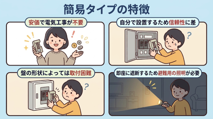 簡易タイプの感震ブレーカーの特徴の図解（安価で電気工事が不要、自分で設置するため信頼性に差、盤の形状によっては取付困難、避難用の照明が必要）