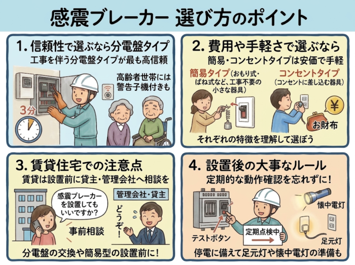 感震ブレーカーの選び方のポイントの図解（信頼性、費用や手軽さ、賃貸住宅での注意点、設置後の定期的な動作確認）