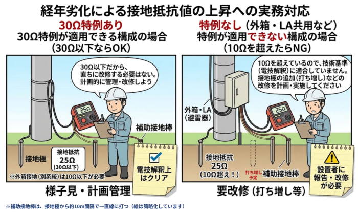 経年劣化で接地抵抗値が上昇したときの実務対応：30Ω特例ありの場合と特例なしの場合の比較